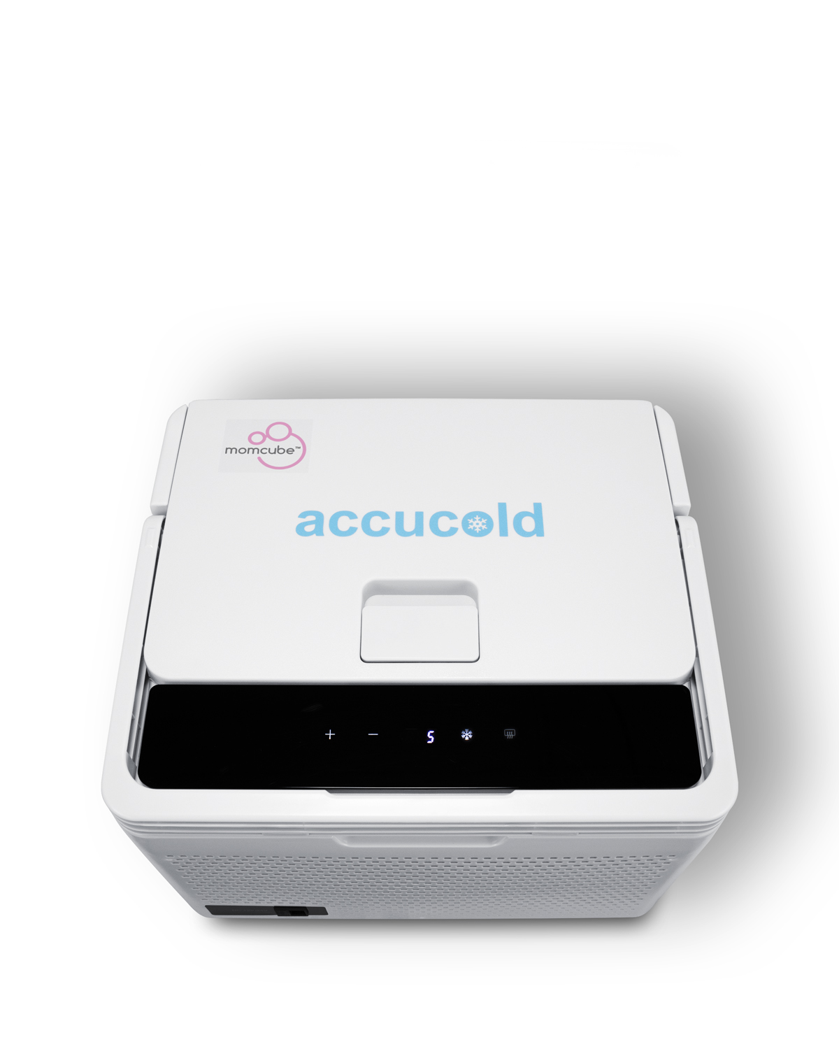 Portable 12V/24V MOMCUBE cooler operates as a refrigerator or freezer for breast milk storage, with AC adapter included